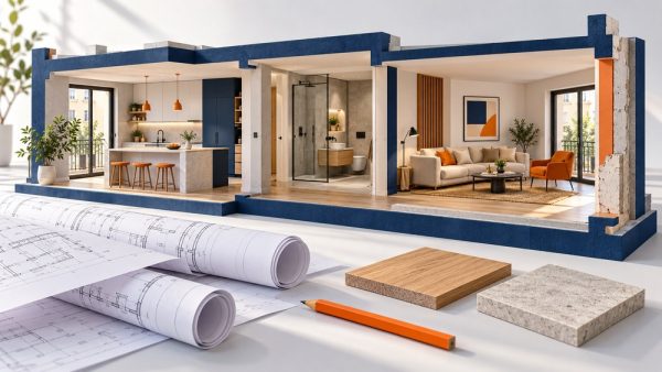 Ilustración de una reforma completa de vivienda con planos y muestras de materiales.